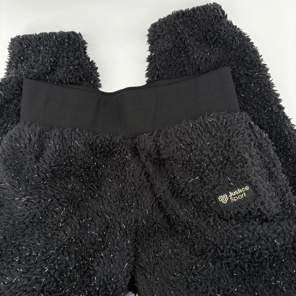 Justice Sport Girls 10 M Black Fuzzy Sherpa Sparkle Jogger Pants